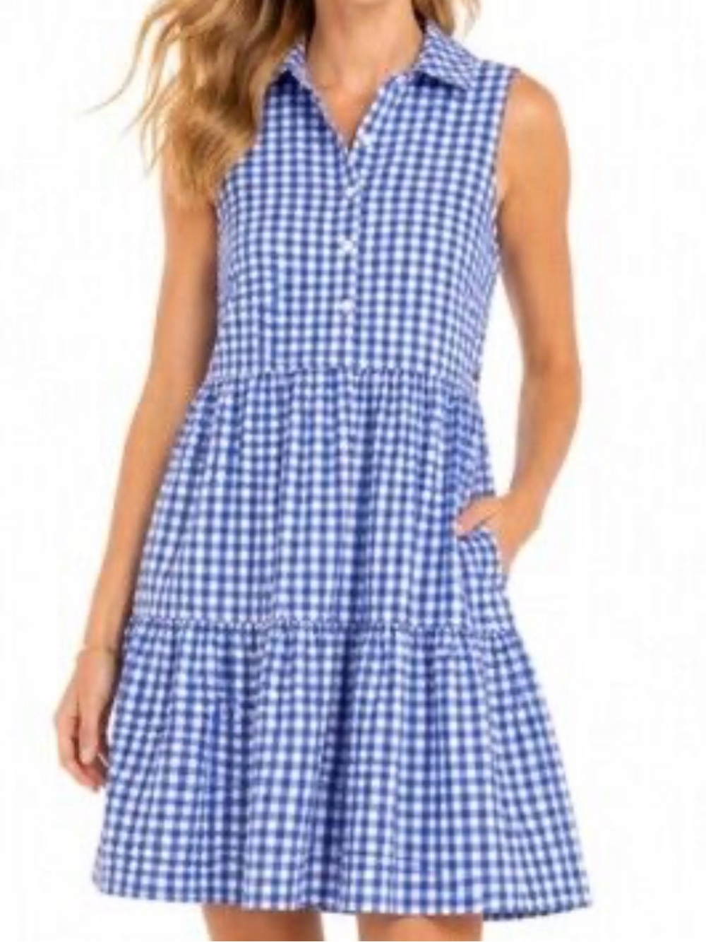 #1. Tommy Hilfiger Blue Gingham Sleeveless Tiered Dress